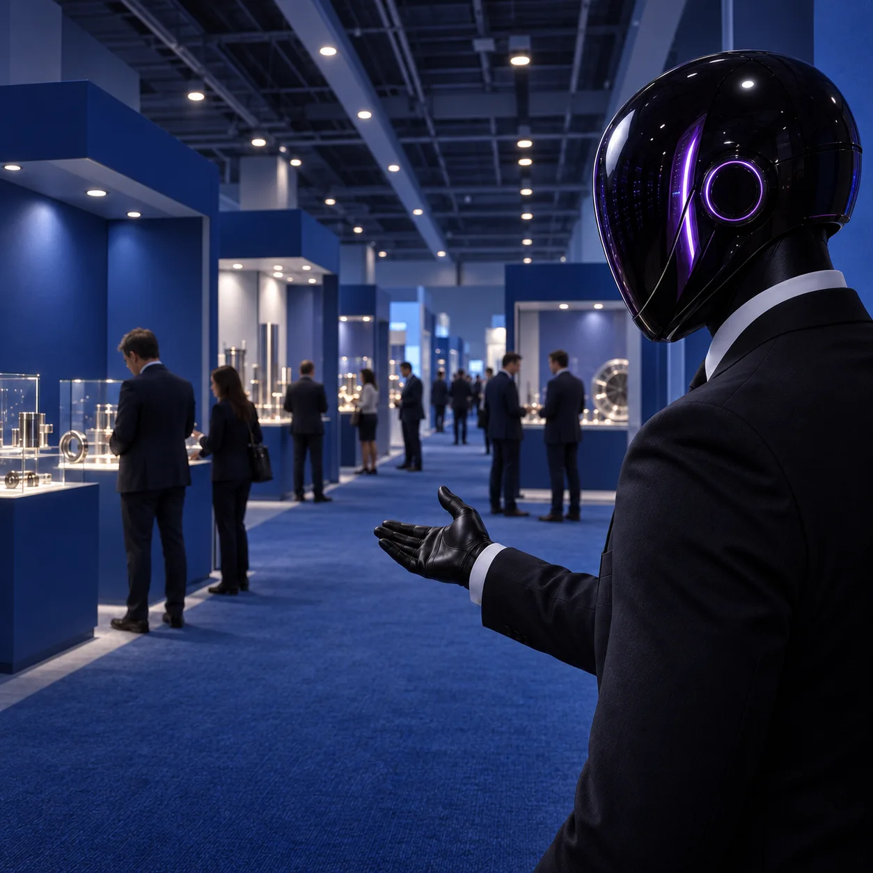 The SHI-X companion points visitors toward supplier stands in an exhibition hall