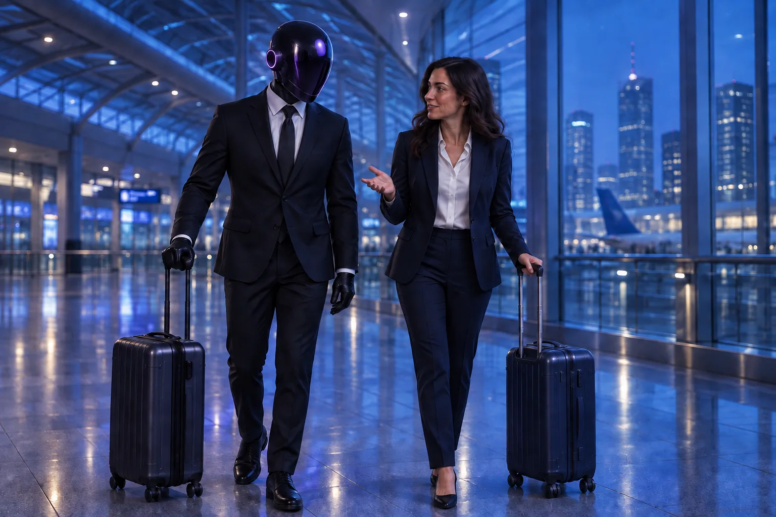 The SHI-X companion and a traveller discuss their next stop in an airport terminal