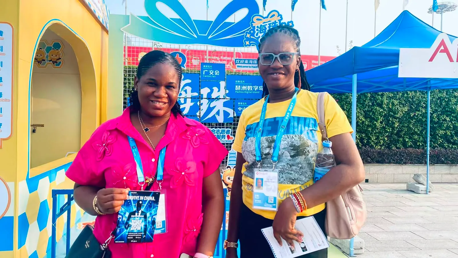 Two visitors standing together at Canton Fair in Guangzhou